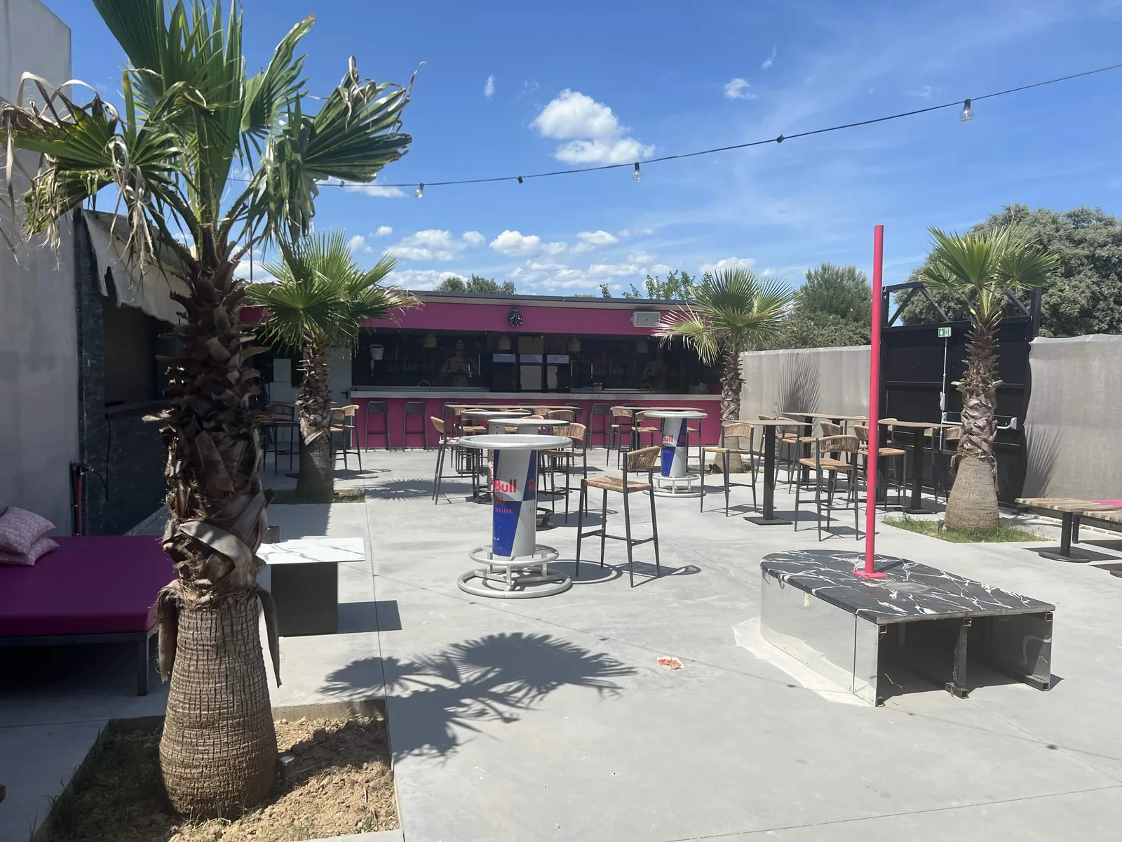 Terrasse extérieure du Diamant avec palmiers et tables